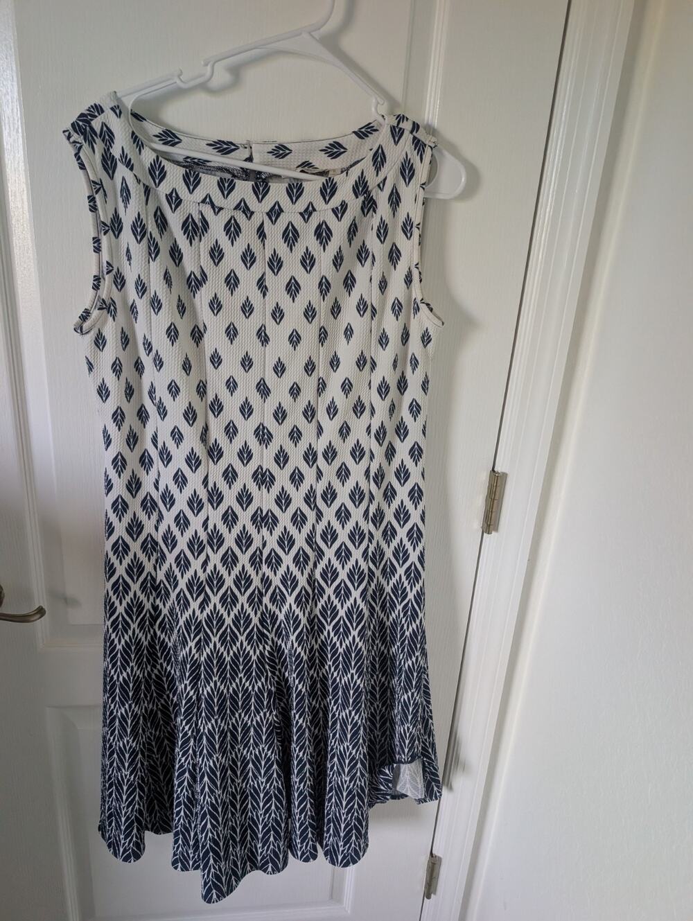 MARIA GABRIELLE Geometric Print Dress XL Navy Blue White Fit Flare, Famine